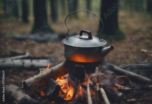 Kettle on a bonfire in the forest Preparing food on campfire in wild camping