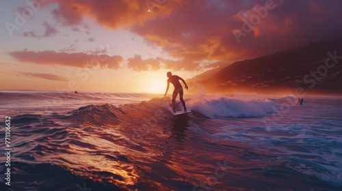 A serene moment of a surfer riding a gentle wave with a picturesque sunset and mountains in the distance, evoking calm and leisure