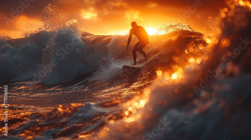 A skilled surfer catches a massive wave, showcasing the raw power of nature and the thrill of extreme water sports