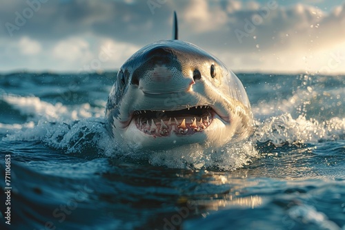 A shark is swimming in the ocean with its mouth wide open