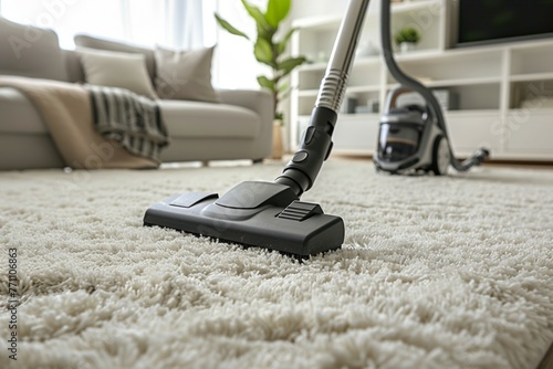 A black vacuum cleaner is on a white carpet in a living room photo