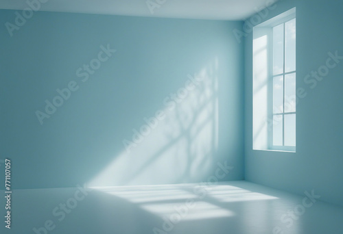 Minimal abstract light blue background for product presentation Shadow and light from windows on pla photo