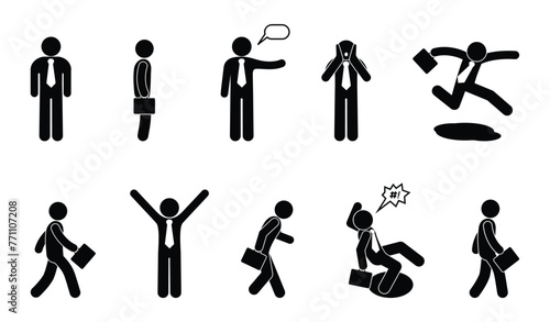 business icons set, stick figure, people isolated, businessman silhouettes