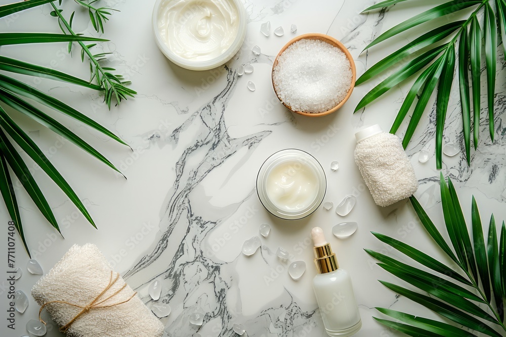 Top View Spa and Wellness Setting with Natural Products on Marble Background with Tropical Leaves Top View Spa and Wellness Setting with Natural Products on Marble Background with Tropical Leaves