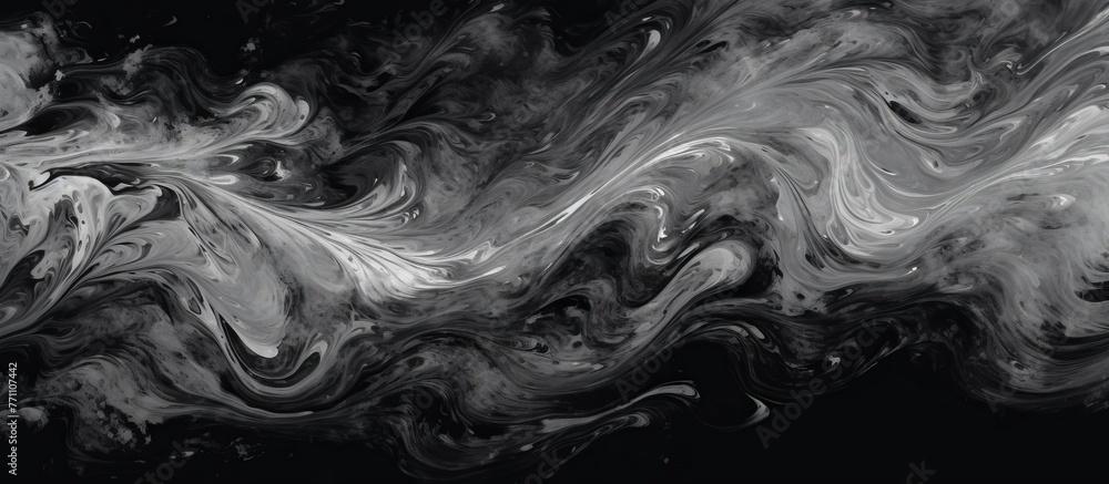 A monochrome photography of swirling smoke on a black background, resembling a watercolor painting. The pattern creates a captivating landscape in darkness