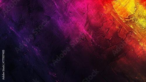 A glowing abstract banner features a gradient of purple, red, yellow, orange, and black, set against a dark grainy texture with ample space for content photo