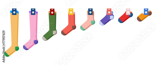 Set of colourful socks with logo tag hosiery Invisible, low cut, high low ankle, crew, knee high, over knee length. Fashion accessory technical illustration. Vector flat sketch outline isolated