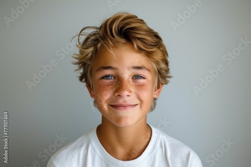 A young boy with a white shirt and brown hair is smiling © top images