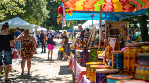 An inviting outdoor market scene with vibrant colors, bustling shoppers, and a variety of goods on display, creating a lively atmosphere