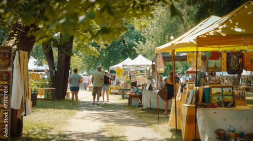 A calm outdoor market lined with greenery, creating an inviting atmosphere for shoppers in a natural setting photo