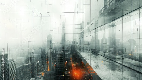 Abstract modern city in fog with a contrasting orange glow, Concept of urban development and the complexity of city life 