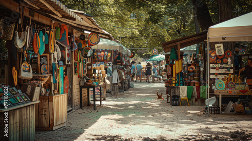 A warm, sunlit view of a market alley lined with wooden stalls selling diverse artisanal goods © Daniel