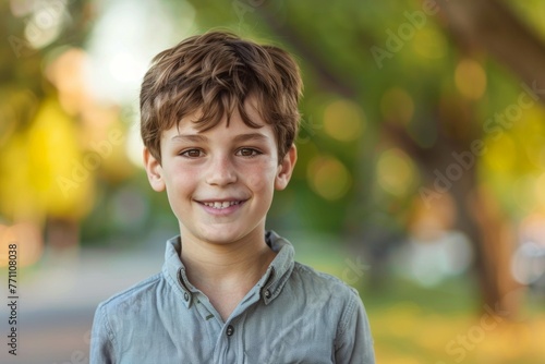 A young boy with brown hair and a smile on his face