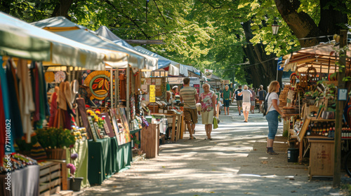A lively photograph capturing the essence of community in a busy market under the bright sun and green trees