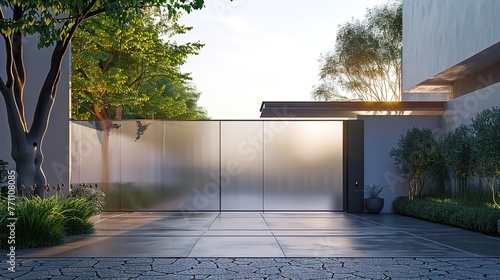 A main gate with a translucent panel featuring frosted glass or acrylic, allowing natural light to filter through and creating a sense of openness and connection to the outdoors in
