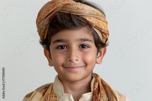 A young boy wearing a turban and a white shirt is smiling