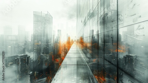 Abstract modern city in fog with a contrasting orange glow, Concept of urban development and the complexity of city life
