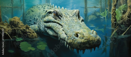 A massive American crocodile with sharp fangs and powerful jaws is swimming in the water  showcasing its reptilian features as a terrestrial animal in the Crocodilia order