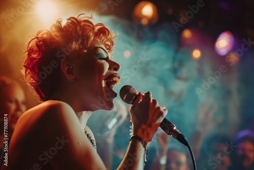 Drag Queen singing in a night club, man dressed as a woman doing a show in front of his audience photo