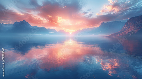 A serene and breathtaking view with a stunning sunset illuminating clouds, casting reflections over a calm mountain lake © Daniel