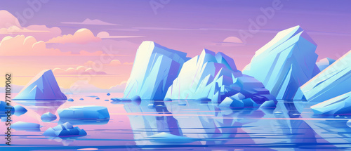 A tranquil scene with striking pastel colors, featuring geometric icebergs floating on a peaceful, reflective seascape