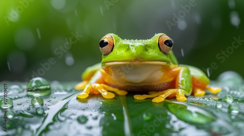 a bright green tree frog sitting on a leaf above the water © Siti