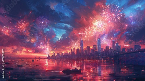 Futuristic cityscape with vibrant fireworks  Concept of celebration  urban life  and spectacular events 