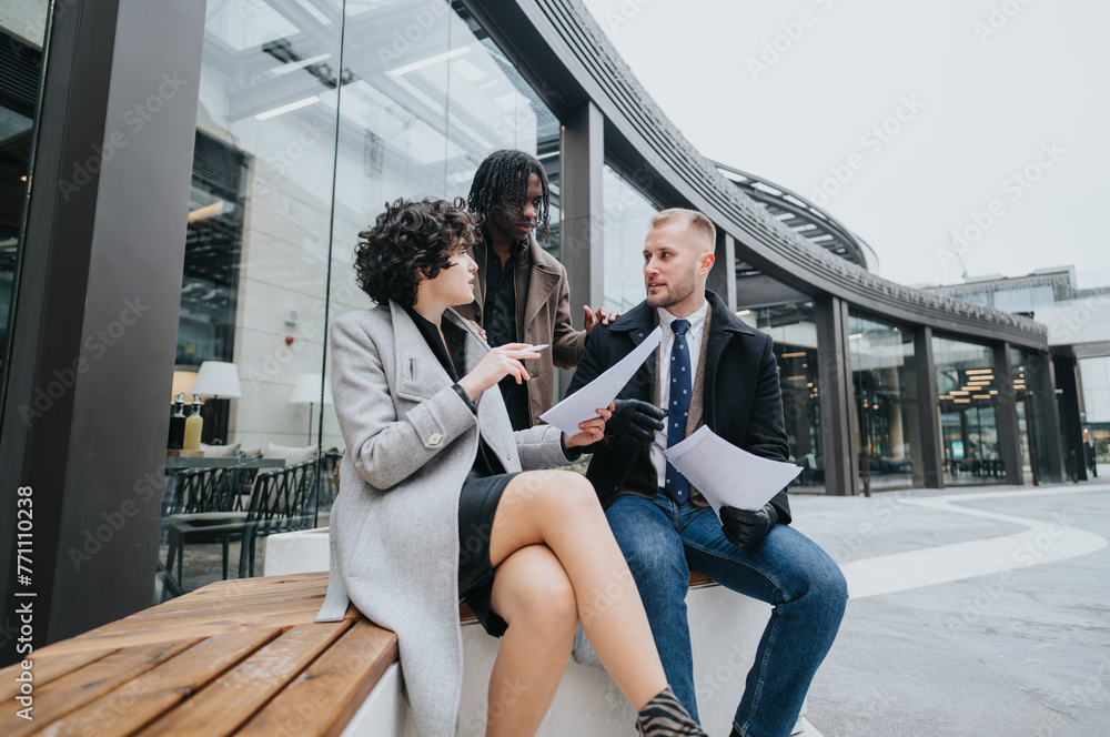Obraz premium A multicultural group of people engage in a business discussion outside an office building, reviewing documents together.
