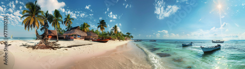 This wide-angle panoramic image captures a serene tropical beach scene with clear blue skies, palm trees, and white sand photo