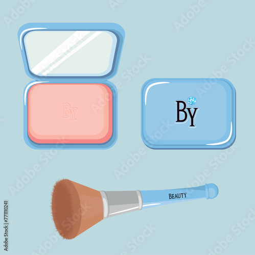 ilustracion vectorial de set de maquillaje, rubor abierto y cerrado con espejo y brocha 