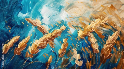 Stylized wheat field artwork with a vibrant blue background, Concept of agriculture, growth, and natural resources
 photo