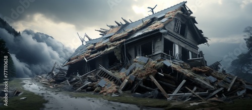 An ancient house stands atop a mound of debris, surrounded by trees and under a cloudy sky, in a picturesque landscape