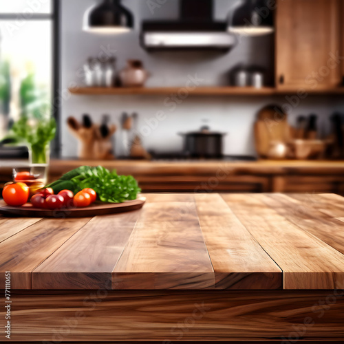 Wood table top on kitchen room background for design key visual layout. 
