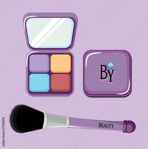 ilustracion vectorial de ser de maquillaje, sombras de ojos abierto y cerrado con espejo y brocha 