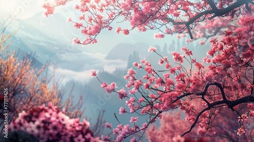 Scenery of pink flowers   Generative ai 