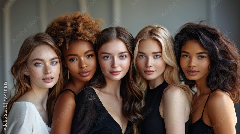 Fototapeta premium Group portrait of six beautiful ladies with different skin and hair color