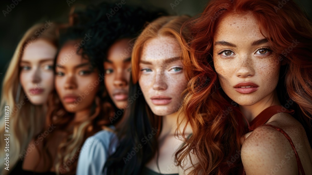 Group portrait of six beautiful ladies with different skin and hair color Group portrait of six beautiful ladies with different skin and hair color