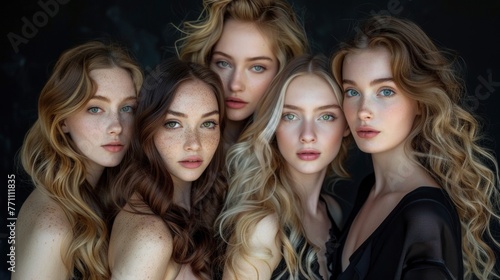  Group portrait of six beautiful ladies with different skin and hair color