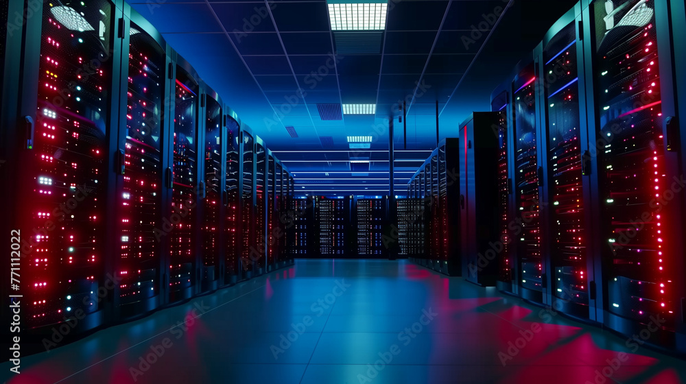 Title: "Digital Fortress"
Art Description: This artwork depicts a cutting-edge data center, featuring rows of server cabinets bathed in blue and red lights, symbolizing the power and sophistication of - obrazy, fototapety, plakaty 