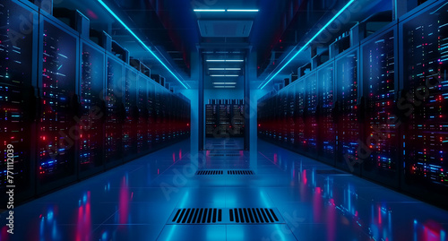 Title: "Digital Fortress" Art Description: This artwork depicts a cutting-edge data center, featuring rows of server cabinets bathed in blue and red lights, symbolizing the power and sophistication of