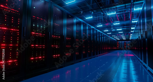 Title: "Digital Fortress" Art Description: This artwork depicts a cutting-edge data center, featuring rows of server cabinets bathed in blue and red lights, symbolizing the power and sophistication of