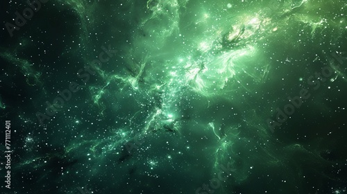 A space background features a realistic green cosmos backdrop with a starry nebula and stardust, complemented by shining stars in a color galaxy