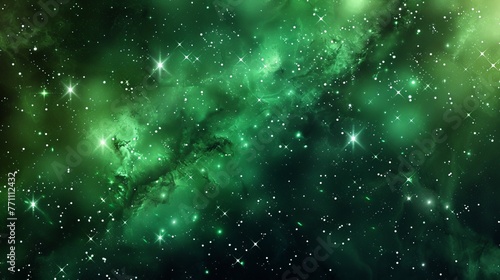 A space background features a realistic green cosmos backdrop with a starry nebula and stardust, complemented by shining stars in a color galaxy