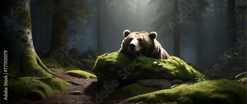 A calm brown bear lays on a moss-covered rock in a serene forest setting © JohnTheArtist
