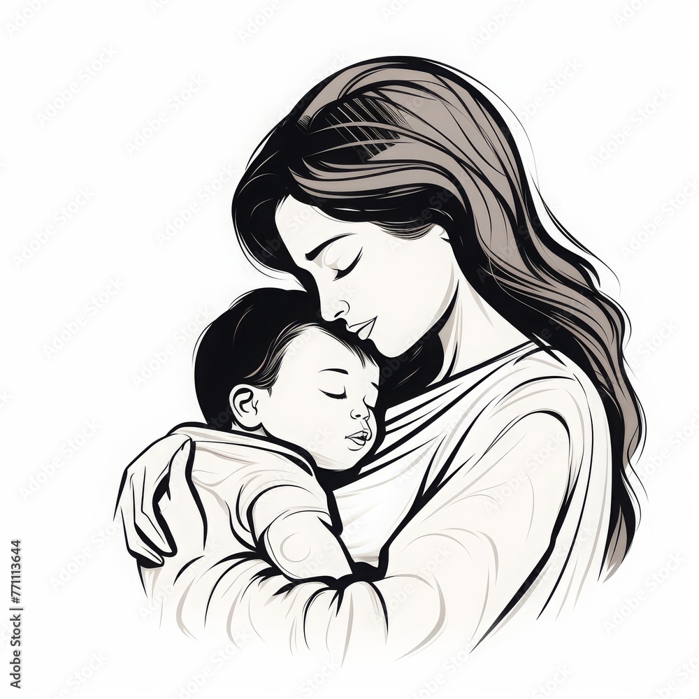 Obraz premium vector line art illustration of a mother holding her child from a side view on a solid white background