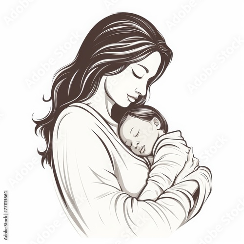 vector line art illustration of a mother holding her child from a side view on a solid white background