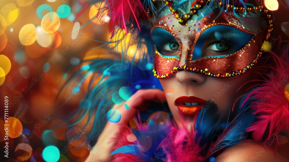 Attractive Woman With colorful Carnival masquerade Mask. AI generated image