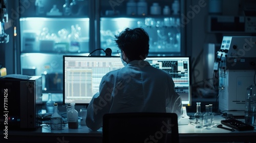 A lone researcher sits at a computer terminal typing furiously as data streams across the screen. The soft glow of the monitor illuminates . .
