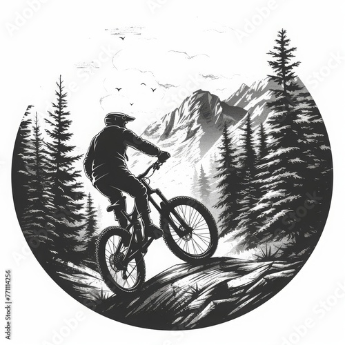 vector round logo illustration of a mountain downhill bike and a pine tree on a solid white background