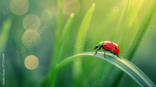Red beetle Lilioceris lilii on green leaf on nature in sunlight in summer in spring macro on a green background. Soft gentle blurred artistic image. 